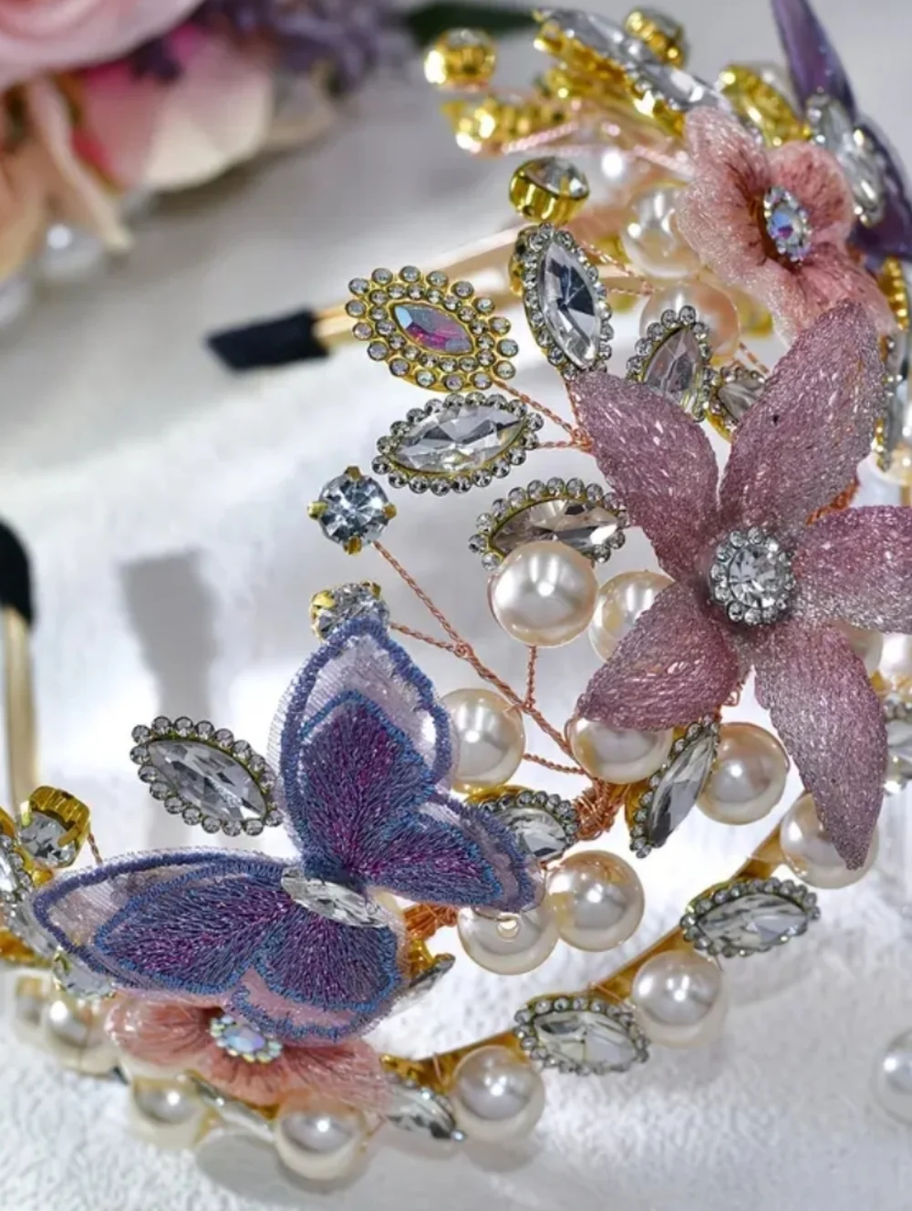 Rhinestone Tiara with Floral and Pearl Accents